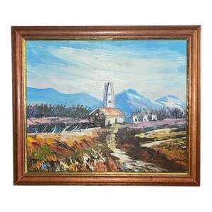Original Oil Painting of a Landscape with Tower and Mountains wood frame 9x10.5